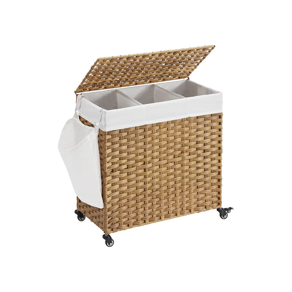 SONGMICS Handwoven Laundry Basket with Wheels & 3 Compartments ULCB363N01