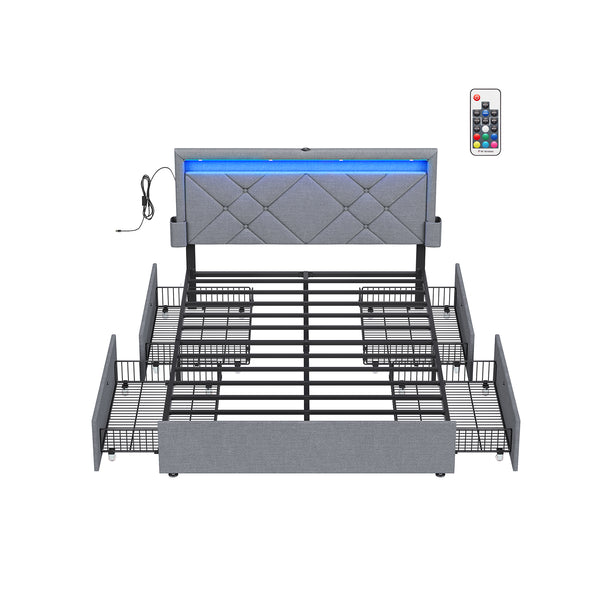 VASAGLE LED Bed Frame Queen Size with Headboard and 4 Drawers URMB822G01