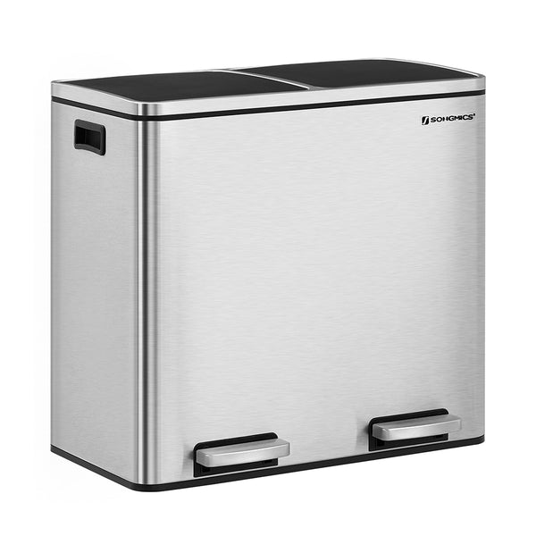 SONGMICS 2 x 6.3 Gallon Silver Dual Trash Can with Lid & Handles CLTB48NL